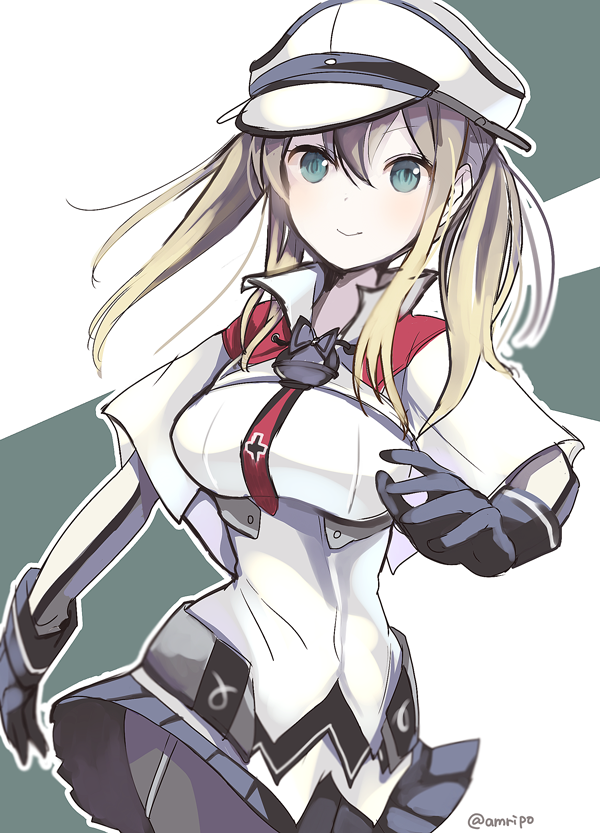 1girl amripo blonde_hair blue_eyes breasts capelet commentary_request cross gloves graf_zeppelin_(kantai_collection) hair_between_eyes hat kantai_collection long_hair looking_at_viewer necktie pantyhose peaked_cap skirt solo twintails uniform