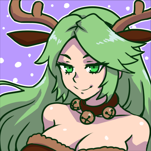 1girl akairiot antlers bell bell_collar breasts cleavage collar deer_ears green_eyes green_hair kid_icarus kid_icarus_uprising long_hair looking_at_viewer lowres palutena purple_background simple_background smile snowing solo super_smash_bros.