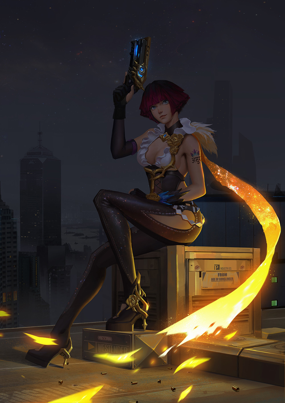 1girl age_of_gunslingers black_gloves blue_eyes boots breasts building crate full_body gloves gun handgun high_heels highres holding_gun holding_weapon looking_up night outdoors partly_fingerless_gloves pistol purple_hair puz_lee realistic shell_casing sitting skyscraper solo tattoo thigh-highs thigh_boots trigger_discipline weapon