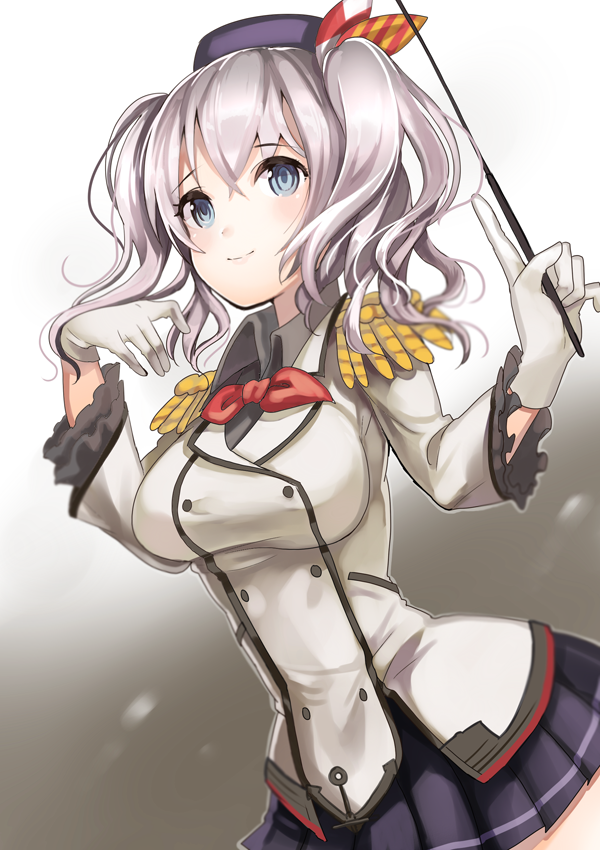 1girl amripo beret blue_eyes breasts commentary_request epaulettes gloves hat kantai_collection kashima_(kantai_collection) large_breasts long_hair looking_at_viewer military military_uniform miniskirt silver_hair skirt smile solo twintails uniform wavy_hair white_gloves