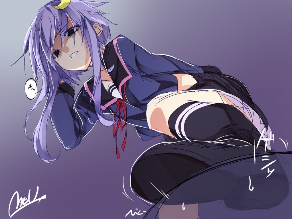 1girl angry arm_behind_back artist_name crescent_hair_ornament hair_ornament hand_in_hair kantai_collection kneehighs long_hair long_sleeves looking_down mtu_(orewamuzituda) purple_background purple_hair school_uniform serafuku shaded_face shoes short_hair short_hair_with_long_locks signature simple_background skirt stepped_on yayoi_(kantai_collection)