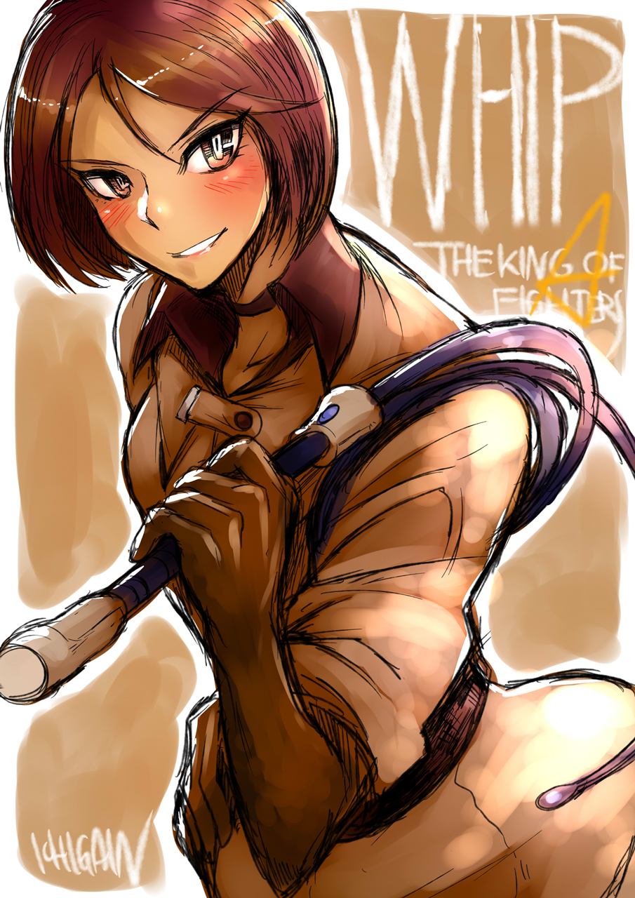 1girl breasts brown_eyes brown_hair highres ichigai_(hayawossan) military military_uniform short_hair solo the_king_of_fighters uniform whip whip_(kof)