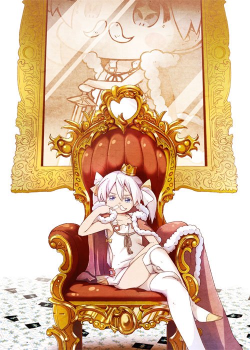 1girl armor bare_shoulders boots cape cloak crossed_legs crown dress facial_hair fur_trim grey_eyes hair_ribbon jewelry knee_boots long_hair looking_at_viewer mustache portrait_(object) ribbon short_hair solo sword tama_(wixoss) throne totsuki_tooka twintails two_side_up weapon white_dress white_hair wixoss