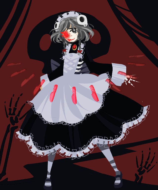 1girl apron bloody_marie_(skullgirls) blush bone bow braid cammie_greene crossover full_body fusion glowing glowing_eye grey_eyes hair_ornament izayoi_sakuya knife long_sleeves magic maid maid_apron maid_headdress pantyhose red_background red_eyes short_hair silver_hair simple_background skeletal_arm skeleton skull skull_hair_ornament skullgirls smile solo standing touhou twin_braids