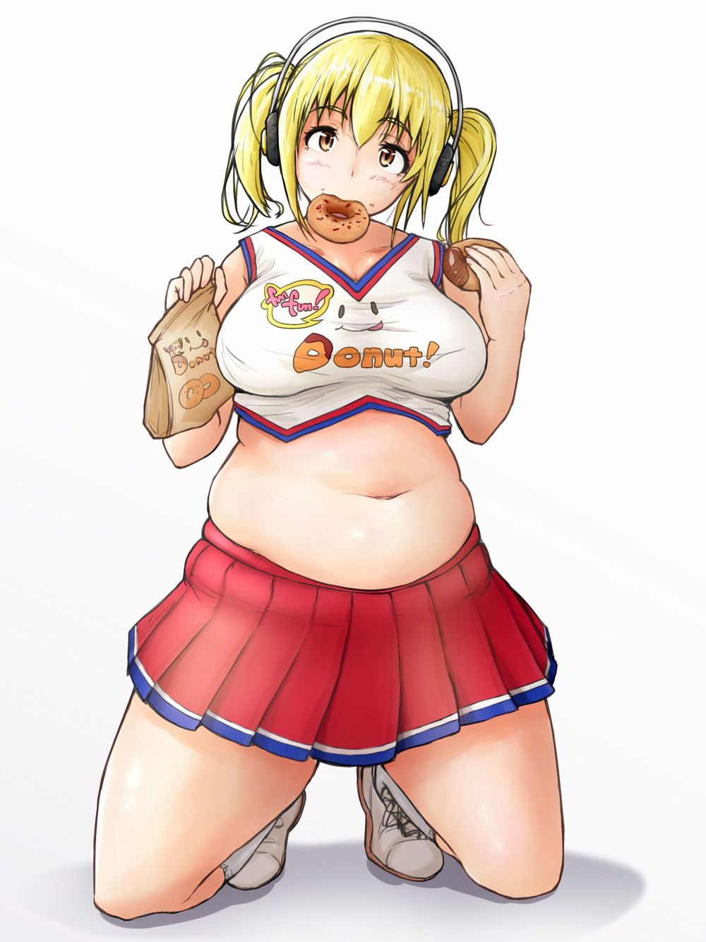 1girl bare_shoulders belly blonde_hair blush breasts cheerleader crop_top doughnut food headphones highres large_breasts looking_at_viewer midriff miniskirt mouth_hold navel nitroplus plump shigekikkusu short_hair skirt sleeveless solo super_pochaco twintails