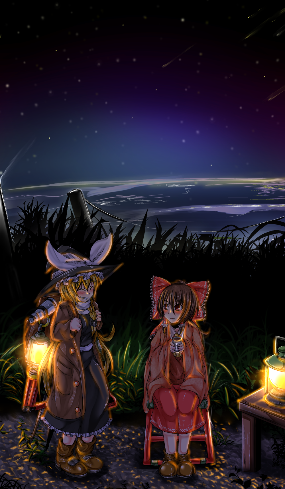 2girls :d ankle_boots backpack bag black_dress blonde_hair blush boots bow braid brown_boots brown_eyes brown_hair buttons cape cup dress fence full_body grass hair_bow hair_tubes hakurei_reimu hat hat_ribbon highres japanese_clothes kirisame_marisa lamp lantern miko multiple_girls night night_sky open_mouth parted_lips ribbon side_braid sitting sky smile star_(sky) starry_sky table teeth teikoku_gensui touhou unbuttoned witch_hat yellow_eyes