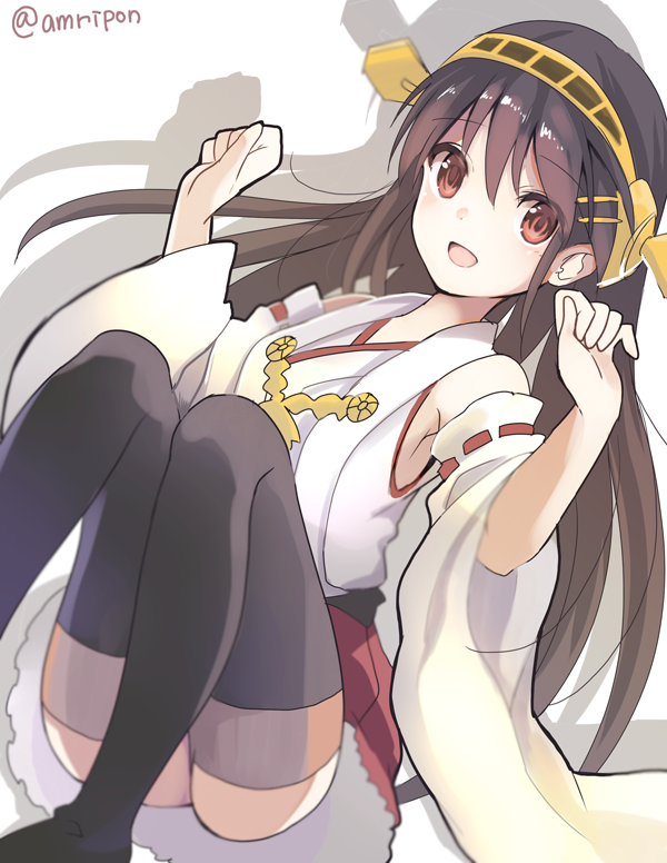 1girl amripo bare_shoulders black_hair breasts brown_eyes brown_hair commentary_request detached_sleeves hair_ornament hairband hairclip haruna_(kantai_collection) headgear japanese_clothes kantai_collection long_hair nontraditional_miko open_mouth skirt smile solo thigh-highs twitter_username