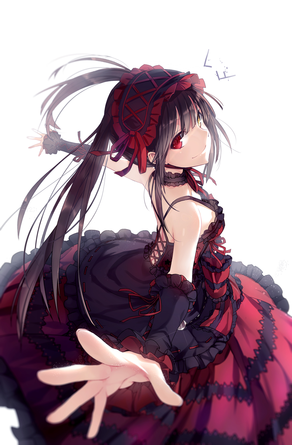 1girl bangs black_dress black_hair choker closed_mouth cross-laced_clothes date_a_live dress frills from_above hairband heterochromia highres lens_flare lf lolita_fashion lolita_hairband long_hair long_skirt looking_at_viewer outstretched_arms palms red_eyes red_ribbon ribbon ribbon_trim simple_background skirt sleeveless sleeveless_dress smile solo spread_arms spread_fingers tokisaki_kurumi twintails white_background yellow_eyes
