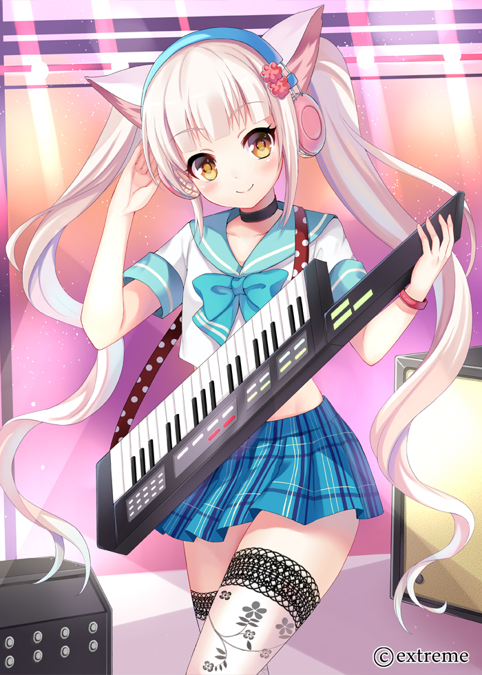 1girl :d animal_ears bangs blonde_hair blunt_bangs blush bowtie box bracelet brown_eyes cat_ears choker collarbone floral_print hairband harimoji head_tilt headphones instrument jewelry keyboard_(instrument) light light_rays looking_at_viewer momoiro_taisen_pairon open_mouth original plaid plaid_skirt playing_instrument polka_dot sailor_collar school_uniform serafuku shirt short_sleeves skirt smile spotlight stage standing thigh-highs white_legwear white_shirt zettai_ryouiki