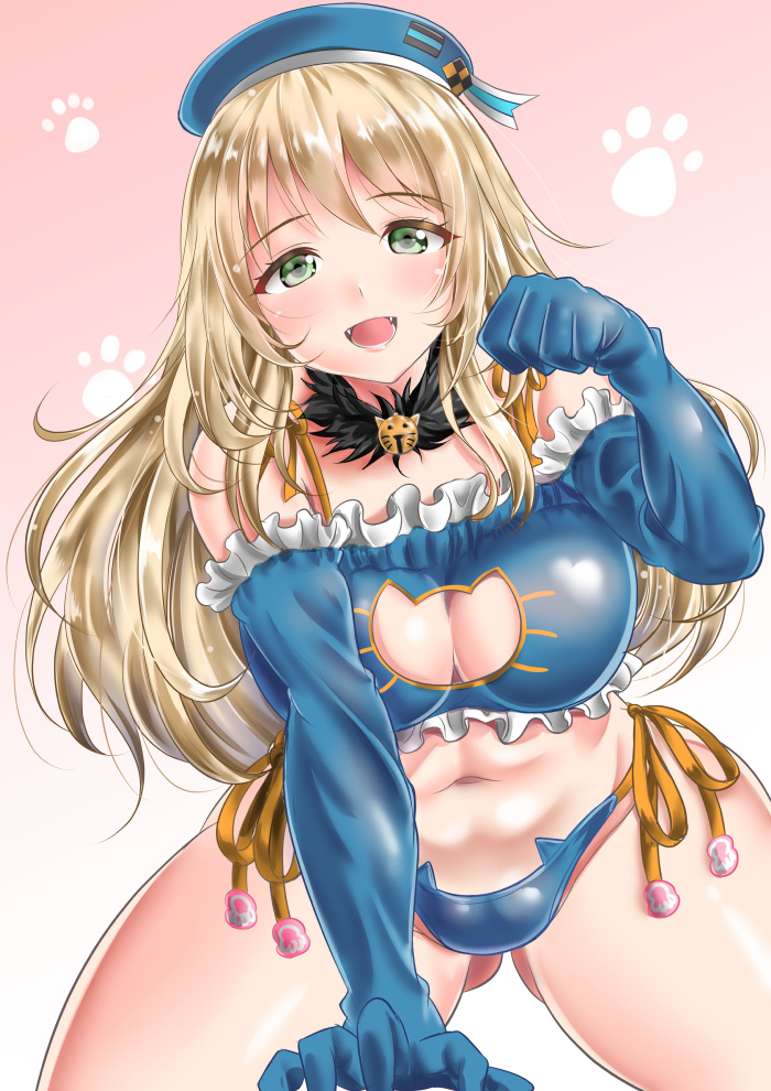 1girl :d adapted_costume all_fours ass_visible_through_thighs atago_(kantai_collection) bangs beret blonde_hair blue_gloves blue_hat blue_panties blush breasts cat-shaped_lock cat_keyhole_bra detached_collar eyebrows eyebrows_visible_through_hair fangs frills fur_trim gloves gradient gradient_background green_eyes hat kantai_collection kasugano_tobari large_breasts lock long_hair looking_at_viewer navel open_mouth padlock panties paw_pose paw_print pink_background side-tie_panties smile solo stomach underwear underwear_only