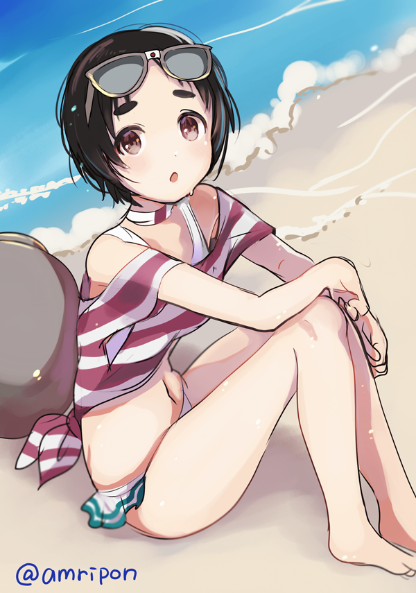 amripo bangs beach black_hair brown_eyes commentary_request kantai_collection looking_at_viewer maru-yu_(kantai_collection) ocean open_mouth parted_bangs sand short_hair sitting sunglasses sunglasses_on_head swimsuit water white_swimsuit