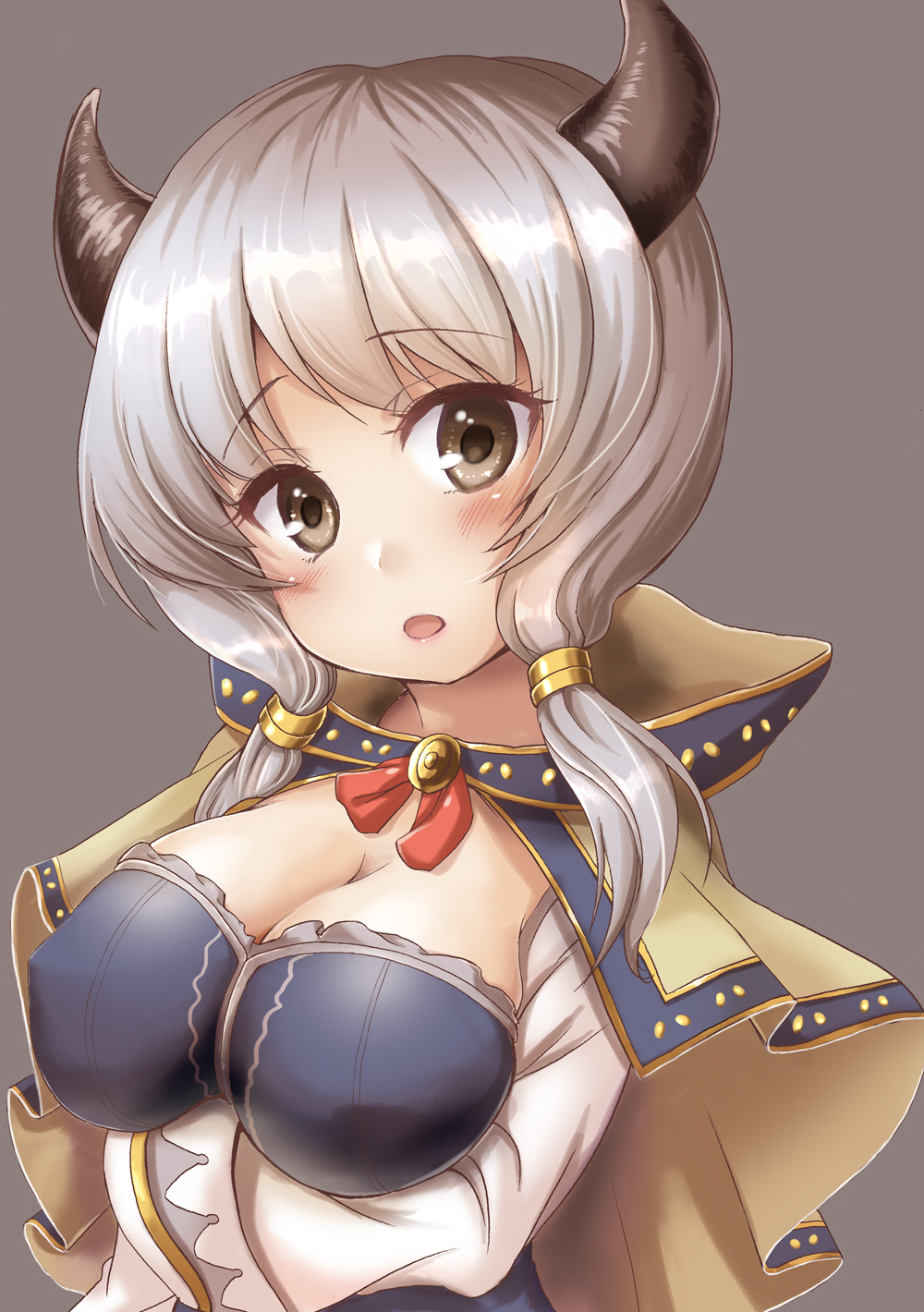 1girl breast_hold breasts brown_eyes capelet cleavage fuyuzora granblue_fantasy highres horns kumuyu large_breasts long_hair long_sleeves looking_at_viewer low_twintails open_mouth silver_hair simple_background solo twintails upper_body wide_sleeves