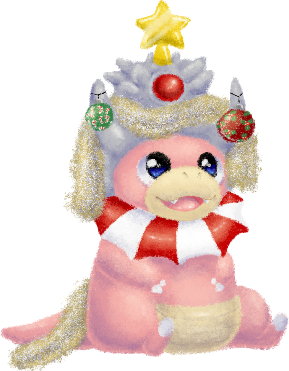 blue_eyes drawfag highres looking_at_viewer open_mouth ornament pokemon sitting slowking star tinsel