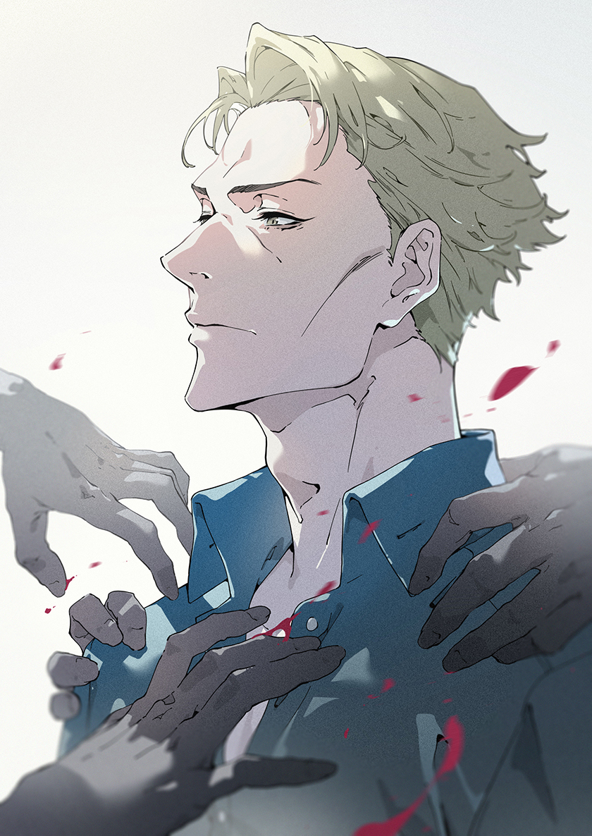 1boy adam's_apple blonde_hair blood blue_shirt closed_mouth collared_shirt dress_shirt hand_on_another's_chest hand_on_another's_shoulder jujutsu_kaisen luode_huayuan male_focus nanami_kento open_collar serious shirt short_hair simple_background solo_focus upper_body white_background