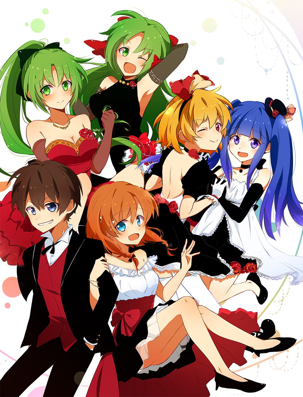 1boy 5girls abstract_background alternate_hairstyle arm_behind_head arm_hug armpits bare_shoulders blonde_hair blue_eyes blue_hair bow bracelet braid breasts choker cleavage collarbone dress elbow_gloves flower formal frills furude_rika gloves green_eyes green_hair grin hair_bow hair_ribbon hairband half_updo hand_in_pocket hat hat_ornament high_heels highres higurashi_no_naku_koro_ni holding_hands houjou_satoko interlocked_fingers jewelry long_hair long_sleeves looking_at_viewer maebara_keiichi multiple_girls necklace nimomo one_eye_closed open-back_dress open_mouth orange_hair ponytail red_eyes ribbon rose ryuuguu_rena short_hair siblings sisters smile sonozaki_mion sonozaki_shion suit thigh-highs twins twintails violet_eyes white_background zettai_ryouiki