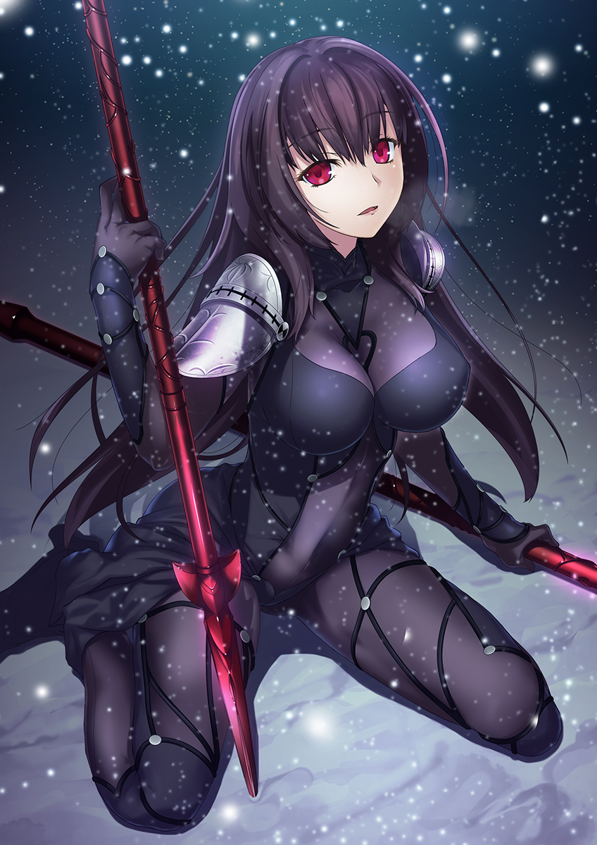 1girl bodysuit breasts fate/grand_order fate_(series) gae_bolg highres holding_weapon large_breasts long_hair looking_at_viewer open_mouth polearm purple_hair red_eyes scathach_(fate/grand_order) snow solo spear very_long_hair weapon yoshida_takuma