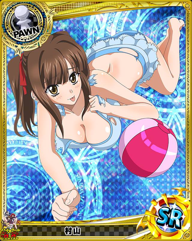 1girl artist_request ball beachball breasts brown_hair card_(medium) character_name chess_piece hair_ribbon high_school_dxd large_breasts long_hair murayama_(high_school_dxd) official_art pawn ribbon solo swimsuit tongue tongue_out torn_clothes trading_card twintails yellow_eyes