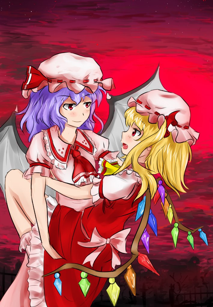 2girls :d bat_wings blonde_hair blue_hair blush bow carrying cravat crystal demon_wings dress fang flandre_scarlet hat lavender_hair looking_at_another looking_at_each_other mob_cap multiple_girls night night_sky open_mouth pan-ooh pink_dress puffy_short_sleeves puffy_sleeves purple_hair red_bow red_eyes red_ribbon red_skirt red_sky red_vest remilia_scarlet ribbon scarlet_devil_mansion short_hair short_sleeves siblings side_ponytail sisters skirt sky smile socks star_(sky) starry_sky touhou vampire vest white_legwear wings yuri
