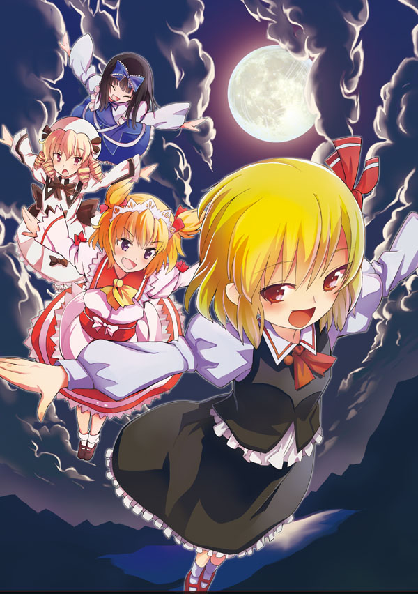 4girls black_hair blonde_hair blue_eyes bow chestnut_mouth fairy_wings full_moon hair_bow headdress luna_child moon multiple_girls night night_sky open_mouth orange_eyes outstretched_arms red_eyes rumia sky smile star_sapphire sunny_milk tamon_ketsuyuki touhou wings