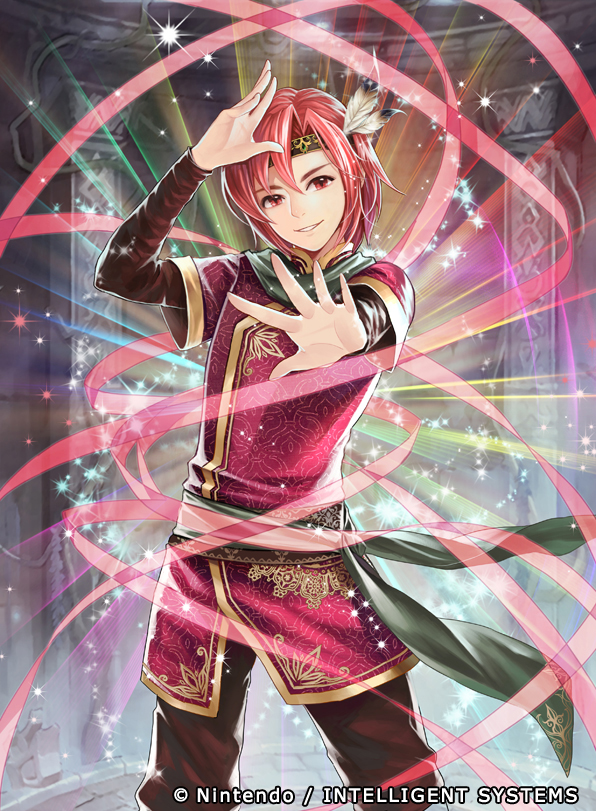 1boy cheine feathers fire_emblem fire_emblem:_mystery_of_the_emblem fire_emblem_cipher momori official_art red_eyes redhead solo sparkle