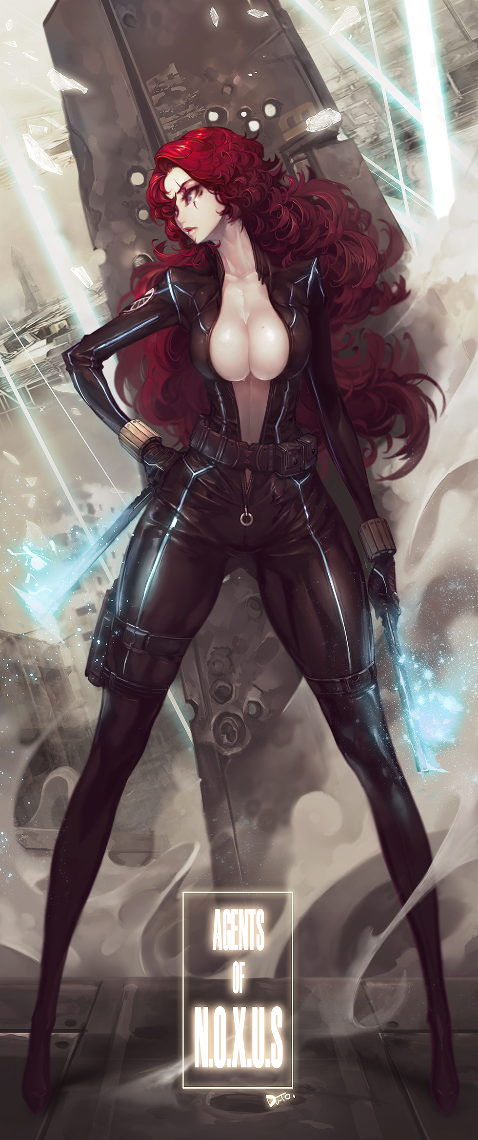 1girl alternate_hairstyle baton belt big_hair black_gloves black_widow black_widow_(cosplay) bodysuit breasts bullet_hole center_opening cleavage collarbone curly_hair dual_wielding duto energy_weapon full-length_zipper full_body gloves glowing glowing_weapon hair_over_one_eye hand_on_hip highres holding_weapon holster impossible_bodysuit impossible_clothes katarina_du_couteau knife large_breasts league_of_legends legs_apart light_particles light_rays lips long_hair long_sleeves looking_to_the_side marvel no_bra pouch redhead scar scar_across_eye signature skin_tight smoke solo standing thigh_strap unzipped weapon zipper
