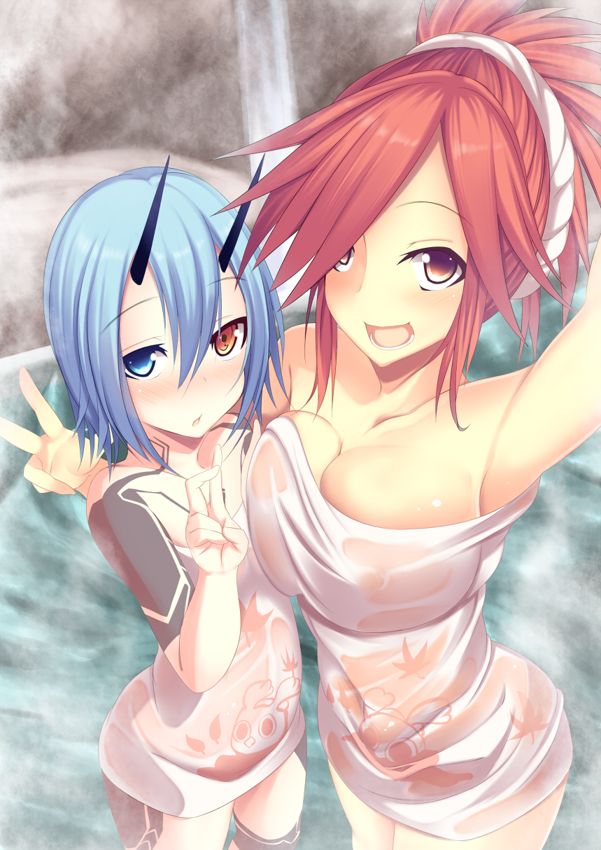 2girls asymmetrical_docking azanami_(pso2) bath blue_eyes blush breast_press breasts collarbone hair_between_eyes hair_over_one_eye heterochromia highres horns io_(pso2) large_breasts long_hair looking_at_viewer multiple_girls naked_towel open_mouth phantasy_star phantasy_star_online_2 ponytail red_eyes redhead self_shot short_hair standing standing_on_water steam sukage tattoo towel v