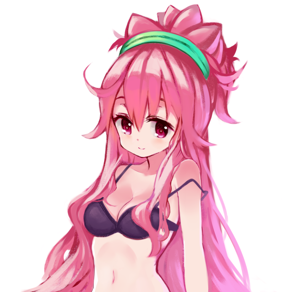 1girl blush bra breasts cleavage commentary_request ephtracy hacka_doll hacka_doll_2 long_hair looking_at_viewer navel pink_eyes pink_hair smile solo strap_slip underwear