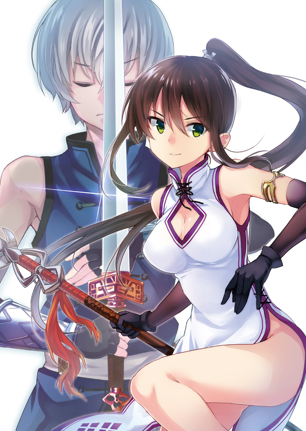2girls bare_legs black_gloves breasts brown_hair china_dress chinese_clothes cleavage cleavage_cutout closed_eyes dengeki_bunko dress elbow_gloves fingerless_gloves gauntlets gloves green_eyes large_breasts long_hair looking_at_viewer mirai_denki multiple_girls polearm ponytail short_hair side_slit silver_hair sleeveless sleeveless_dress smile sword very_long_hair weapon white_dress