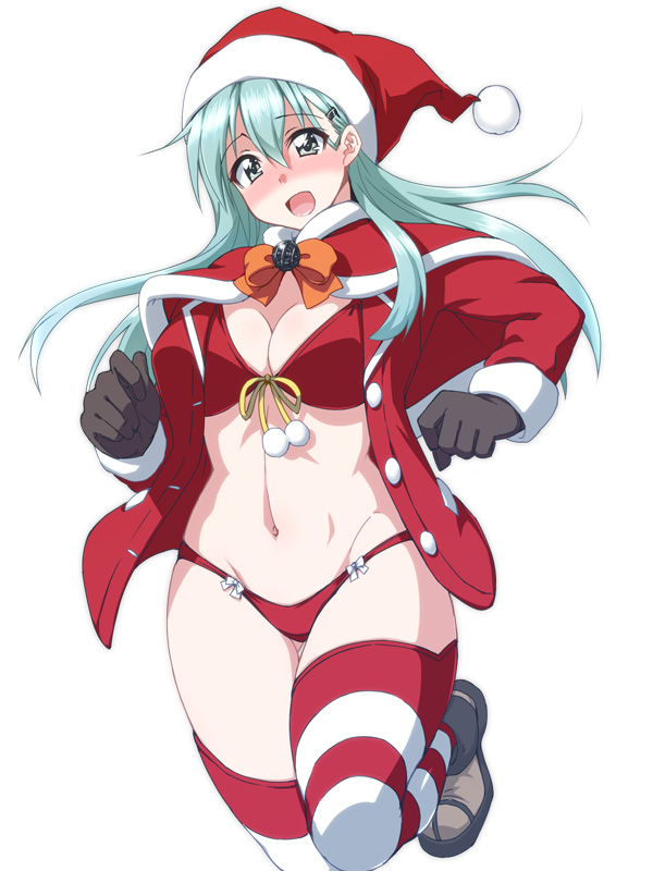 1girl aqua_eyes aqua_hair black_gloves capelet christmas gloves hair_between_eyes hat jacket kantai_collection long_hair looking_at_viewer midriff mikagami_sou navel open_clothes open_jacket open_mouth pom_pom_(clothes) red_clothes santa_costume santa_hat solo standing_on_one_leg striped striped_legwear suzuya_(kantai_collection)