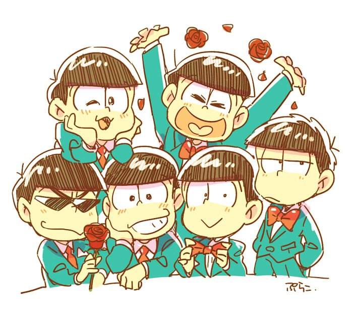 6+boys bowtie brothers brown_hair chin_rest flower formal hands_in_pockets heart heart_in_mouth jitome male_focus matsuno_choromatsu matsuno_ichimatsu matsuno_juushimatsu matsuno_karamatsu matsuno_osomatsu matsuno_todomatsu messy_hair multiple_boys necktie osomatsu-kun osomatsu-san pile-up pulaco rose sextuplets siblings simple_background smile suit upper_body white_background
