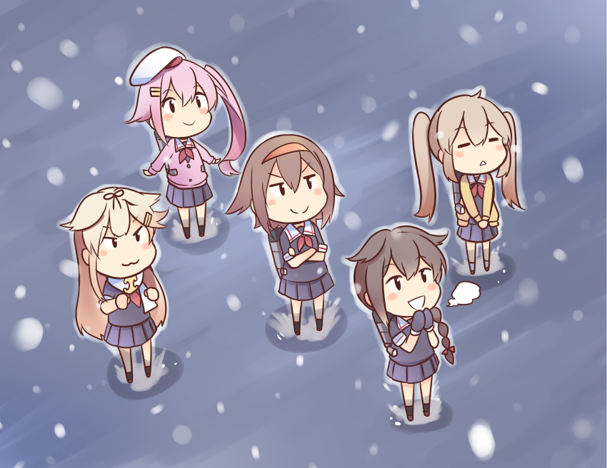 &gt;:) 5girls :d beret blush_stickers bow brown_hair check_commentary chibi commentary_request hair_bow hair_flaps hair_ornament hair_ribbon hairband hairclip harusame_(kantai_collection) hat ido_(teketeke) kantai_collection light_brown_hair long_hair machinery multiple_girls murasame_(kantai_collection) open_mouth pink_hair pleated_skirt remodel_(kantai_collection) ribbon school_uniform serafuku shigure_(kantai_collection) shiratsuyu_(kantai_collection) short_hair side_ponytail skirt smile snowing twintails yuudachi_(kantai_collection)