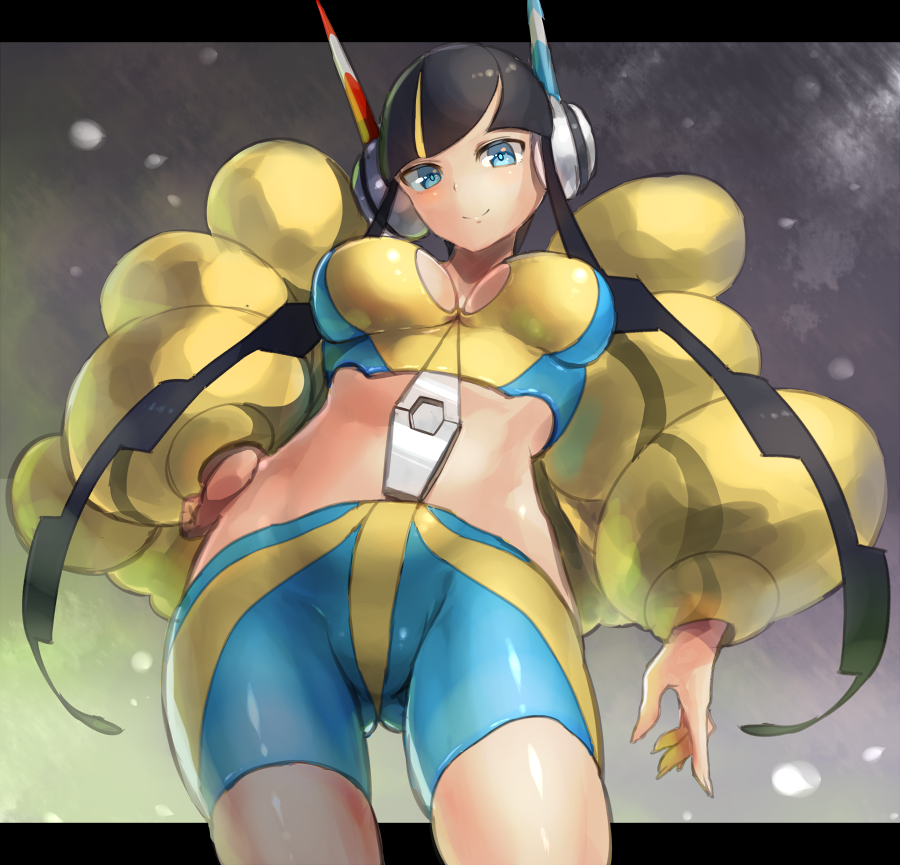 1girl bike_shorts black_hair blue_eyes breasts crop_top from_below headgear kamitsure_(pokemon) kazo large_breasts long_hair looking_at_viewer midriff pokemon puffy_sleeves smile solo twintails very_long_hair