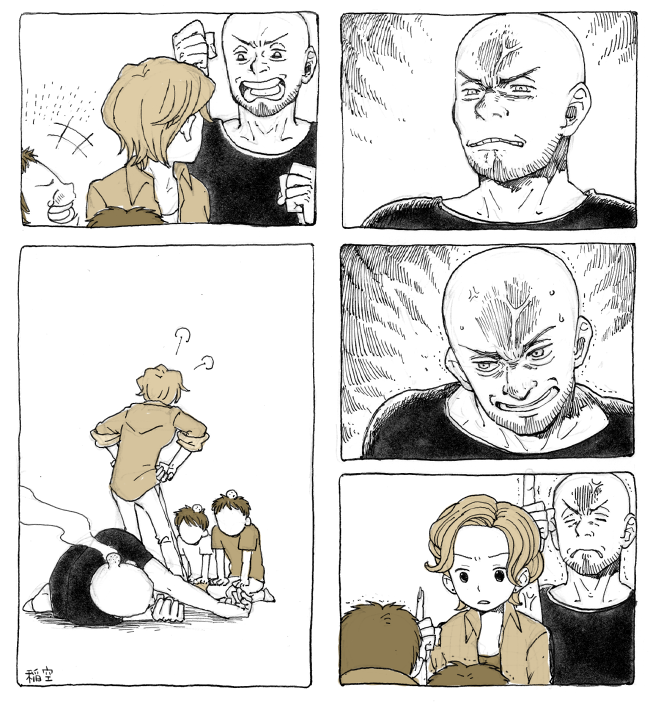 1girl 3boys anger_vein artist_name bald comic facial_hair family father_and_son head_bump husband_and_wife ina_(gonsora) mother_and_son multiple_boys original silent_comic stubble