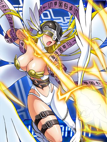 1girl angel_wings angewomon arrow asymmetrical_clothes blonde_hair bow breasts cleavage covered_eyes digimon helmet lowres official_art open_mouth solo wings