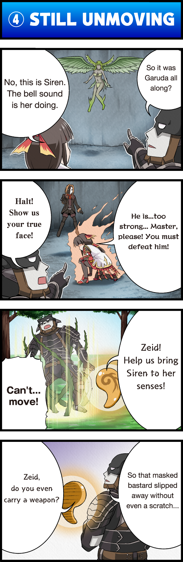 4koma armor character_request comic english fairy final_fantasy final_fantasy_xi fingerless_gloves flying gloves glowing grass head_wings highres iroha_(ff11) japanese_armor mask navel on_fire orb outdoors plant pointing restrained siren_(final_fantasy) tomokichi tree volto_oscuro wings zeid