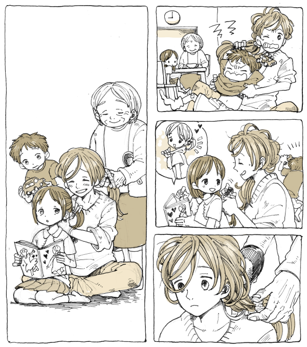 1boy 3girls brother_and_sister comic family grandmother_and_granddaughter grandmother_and_grandson hair_brush hair_brushing ina_(gonsora) long_hair mother_and_daughter mother_and_son multiple_girls original short_hair siblings silent_comic toy_car