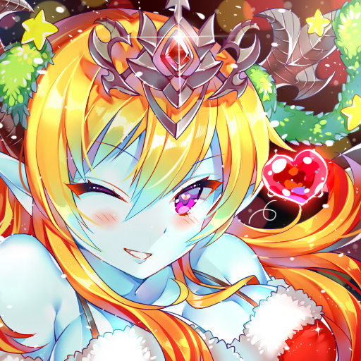 1girl blue_skin blush breasts fur_trim heart heart-shaped_pupils hera_(p&amp;d) horns long_hair looking_at_viewer may_(2747513627) one_eye_closed orange_hair parted_lips puzzle_&amp;_dragons santa_costume santa_hera_(p&amp;d) smile solo star strap_gap symbol-shaped_pupils tiara violet_eyes