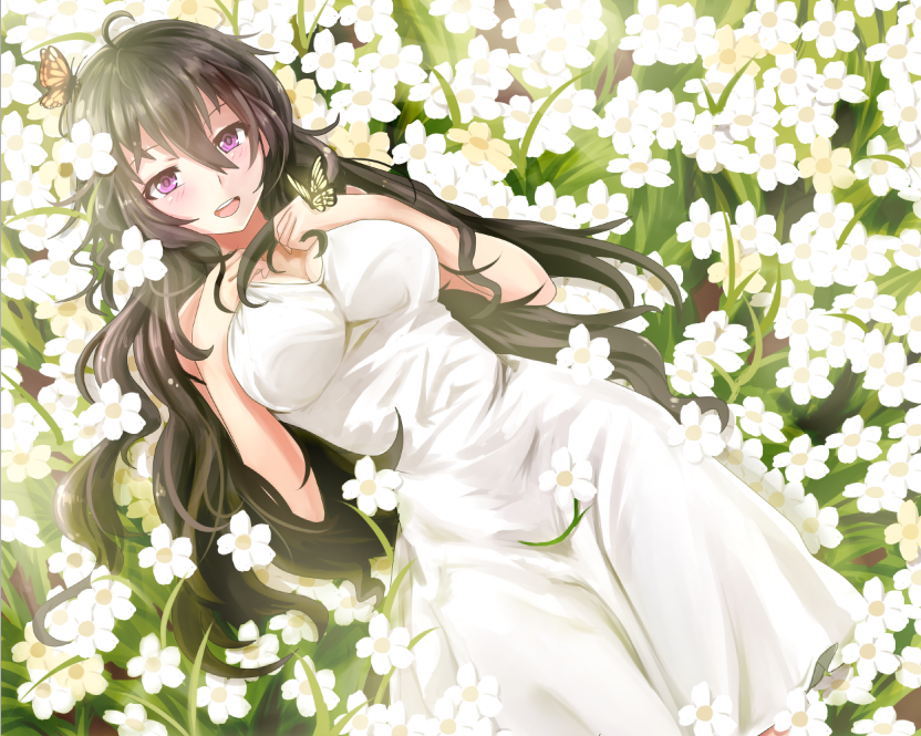 1girl ahoge antenna_hair bare_shoulders beifeng_han black_hair breasts butterfly butterfly_on_hand butterfly_on_head cleavage dress field flower flower_field hair_between_eyes hands_on_own_chest large_breasts long_hair looking_at_viewer lying miyaura_sanshio on_back on_ground open_mouth original revision sleeveless sleeveless_dress solo sundress very_long_hair violet_eyes wavy_hair white_dress