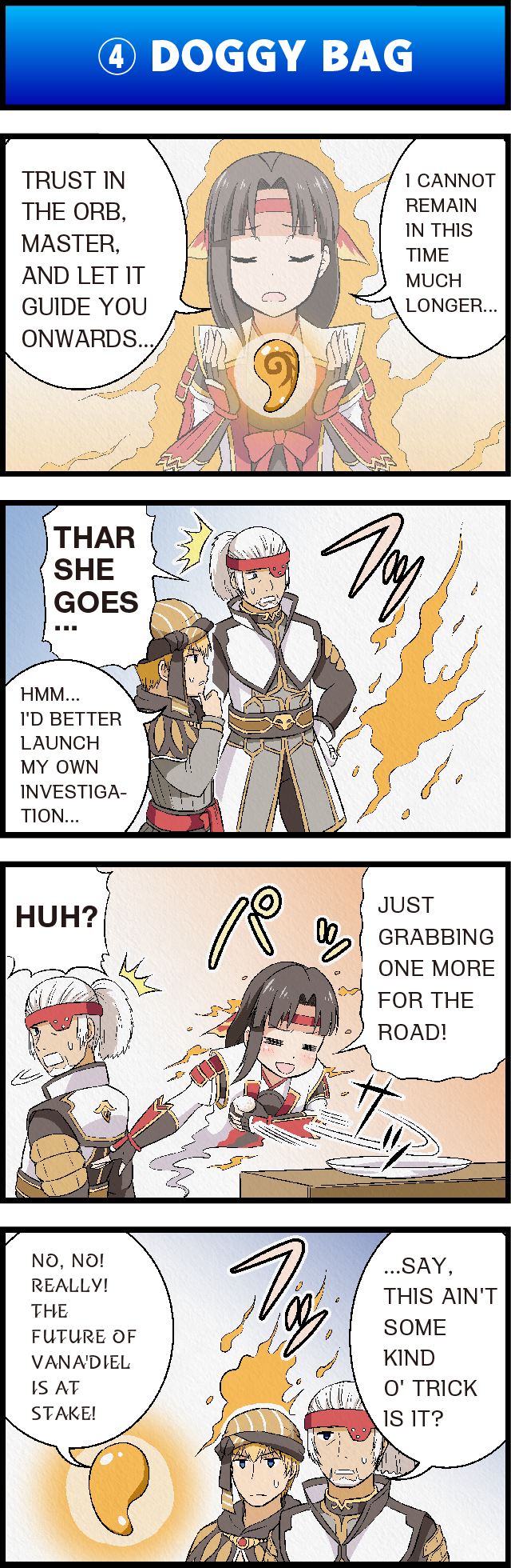 4koma =_= aldo_(ff11) armor bangs beard blonde_hair blue_eyes bow brown_hair cape character_request closed_eyes comic english eyepatch facial_hair final_fantasy final_fantasy_xi fingerless_gloves gilgamesh_(final_fantasy) gloves glowing grabbing headband highres iroha_(ff11) japanese_armor motion_lines on_fire orb plate ponytail silver_hair speech_bubble sweatdrop table tomokichi