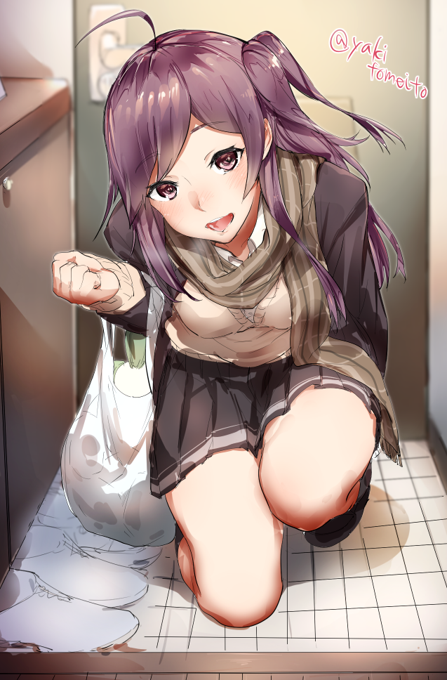 1girl :d ahoge artist_name bag black_jacket black_shoes black_skirt blush brown_scarf collared_shirt door groceries grocery_bag hagikaze_(kantai_collection) head_tilt indoors jacket kantai_collection long_hair long_sleeves looking_at_viewer one_side_up open_clothes open_jacket open_mouth plastic_bag pleated_skirt purple_hair scarf shirt shoes shoes_removed shopping_bag skirt smile solo sweat vegetable violet_eyes white_shirt white_shoes yakitomeito