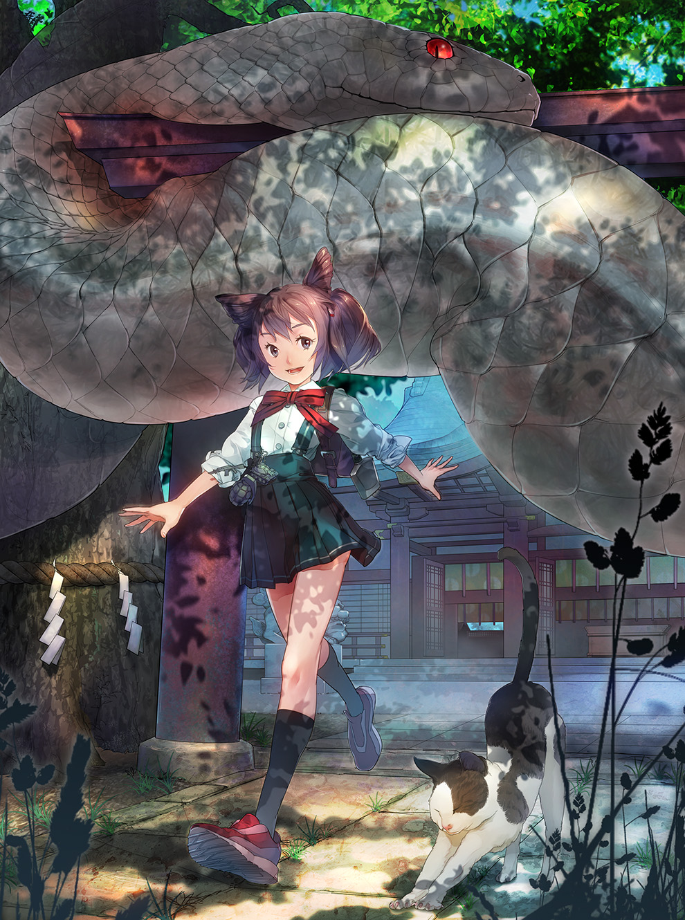 1girl animal animal_ears architecture asa_(y-asa) backpack bag bow bowtie brown_eyes brown_hair cat child dappled_sunlight east_asian_architecture explosive grenade highres keychain looking_at_viewer original outstretched_arms oversized_animal pleated_skirt rope scenery school_uniform shide shimenawa shoes short_hair shrine skirt smile snake sneakers socks solo stretch suspenders tree twintails walking