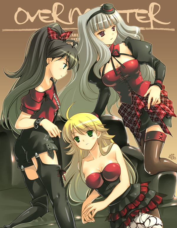 bare_shoulders breasts cleavage couch ganaha_hibiki hat hoshii_miki idolmaster mame-p mini_top_hat multiple_girls punkish_gothic shijou_takane thigh-highs thighhighs top_hat