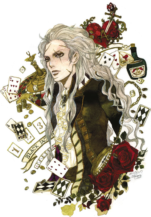 bad_id bottle brown_eyes card cards dice falling_card final_fantasy final_fantasy_vi floating_card flower jacket jewelry long_hair male rose sakizou scar setzer_gabbiani solo traditional_media watercolor watercolor_(medium) white_hair