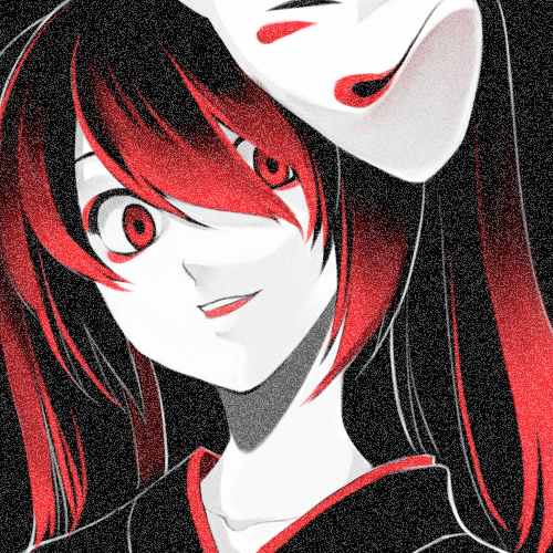 alternate_hair_color black_hair close-up eyeshadow face fox_mask hatsune_miku japanese_clothes lastswallow long_hair lowres mask multicolored_hair musunde_hiraite_rasetsu_to_mukuro_(vocaloid) red_eyes red_hair redhead smile solo twintails vocaloid