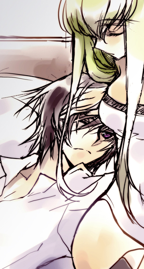 1girl bed black_hair c.c. cc closed_eyes code_geass couple creayus green_hair lelouch_lamperouge open_clothes open_shirt purple_eyes shirt sketch violet_eyes