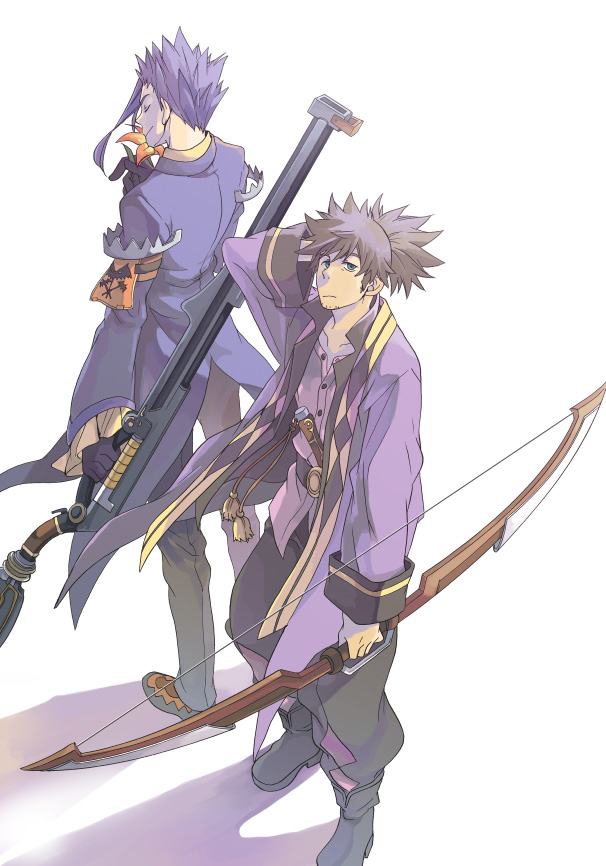 artist_request ayumiso black_hair blue_hair bow_(weapon) flower gloves green_eyes male multiple_boys ponytail raven tales_of_(series) tales_of_vesperia weapon yeager