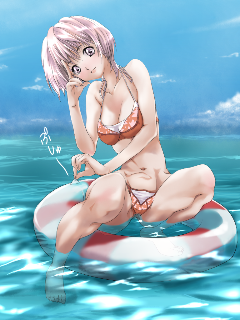 bad_id barefoot bikini innertube lips purple_eyes purple_hair short_hair silver_hair submerged swimsuit violet_eyes