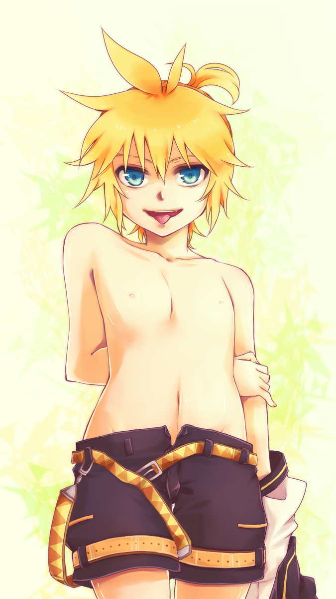 1boy blonde_hair blue_eyes highres kagamine_len male male_focus mukkun naughty_face ponytail shirtless short_hair shorts shota smile solo tongue topless undressing vocaloid yellow_background