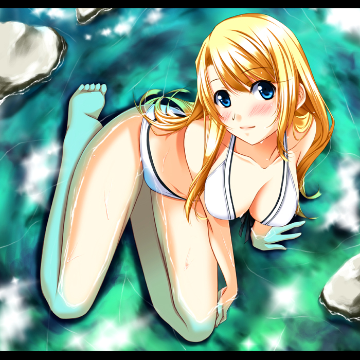 bikini blonde_hair blue_hair blush from_above kneeling long_hair original seki1227 soles submerged swimsuit water