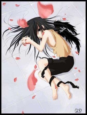 androgynous barefoot black_hair black_wings child long_hair lying sad sakura_petals